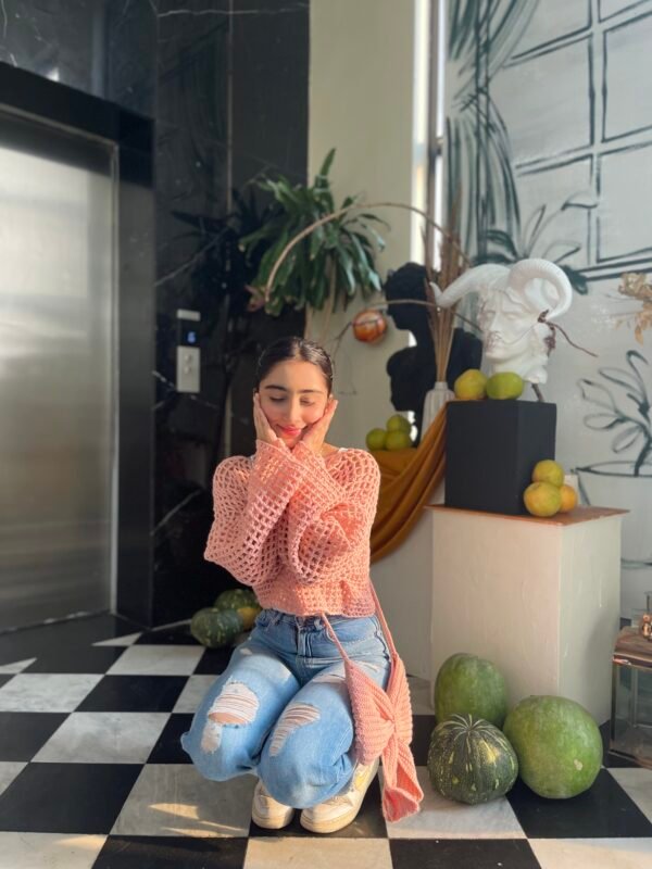 Mesh Cardigan In Tea Pink - Image 7