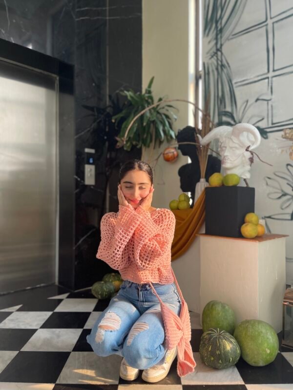 Mesh Cardigan In Tea Pink - Image 3