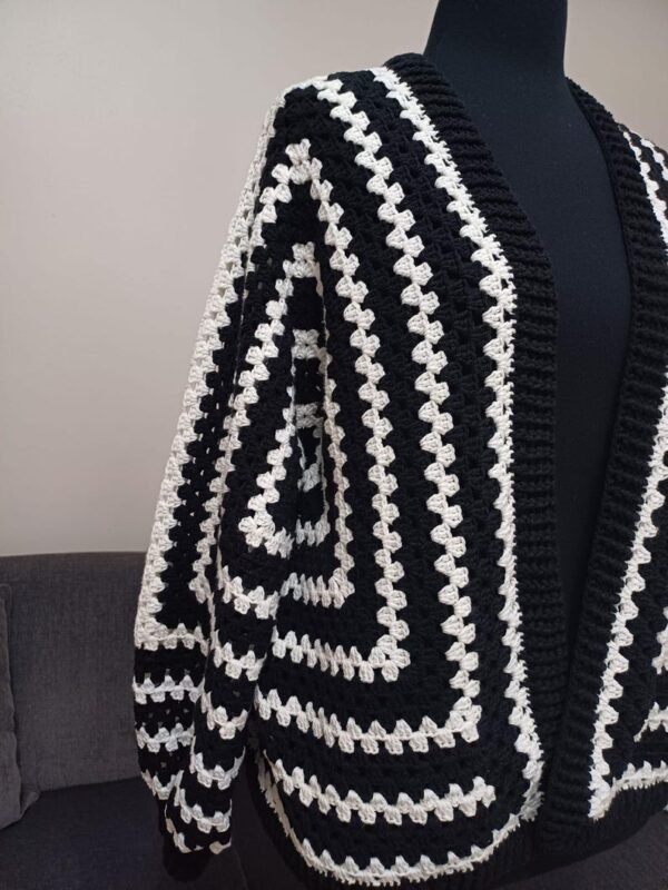 Hexagon Cardigan, Handmade black & white Crochet Granny Hexagon Cardigan, Gift For Mom Crochet Cardigan, Handmade Autumn and Winter Cardigan - Image 5