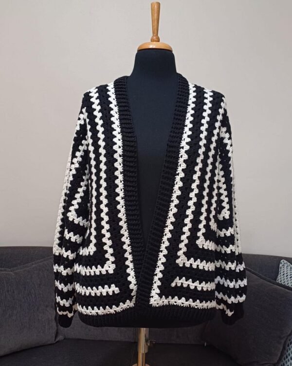 Hexagon Cardigan, Handmade black & white Crochet Granny Hexagon Cardigan, Gift For Mom Crochet Cardigan, Handmade Autumn and Winter Cardigan