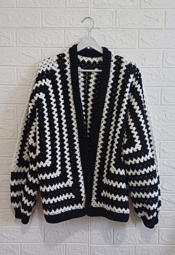 Hexagon Cardigan, Handmade black & white Crochet Granny Hexagon Cardigan, Gift For Mom Crochet Cardigan, Handmade Autumn and Winter Cardigan - Image 2