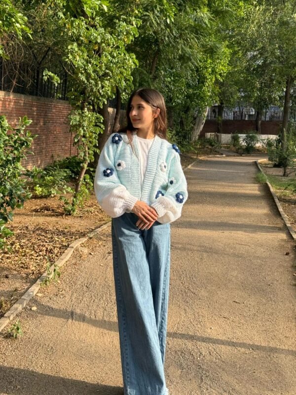 C-Handmade Daisy Cardigan in Pastel Blue & White - Image 3