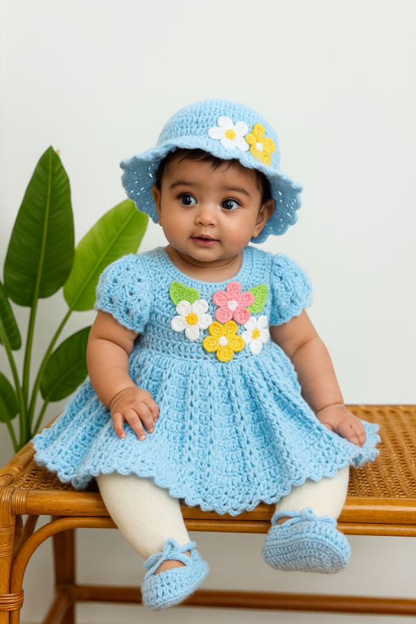 Handmade Crochet Baby Dress set- three-piece