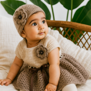 Handmade Baby Girl Crochet Frock & Hat Set