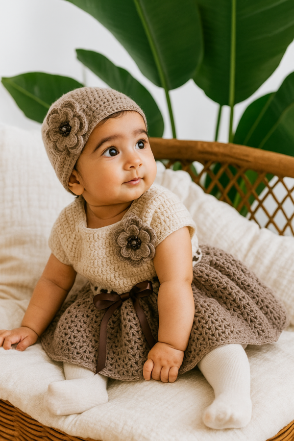 Handmade Baby Girl Crochet Frock & Hat Set