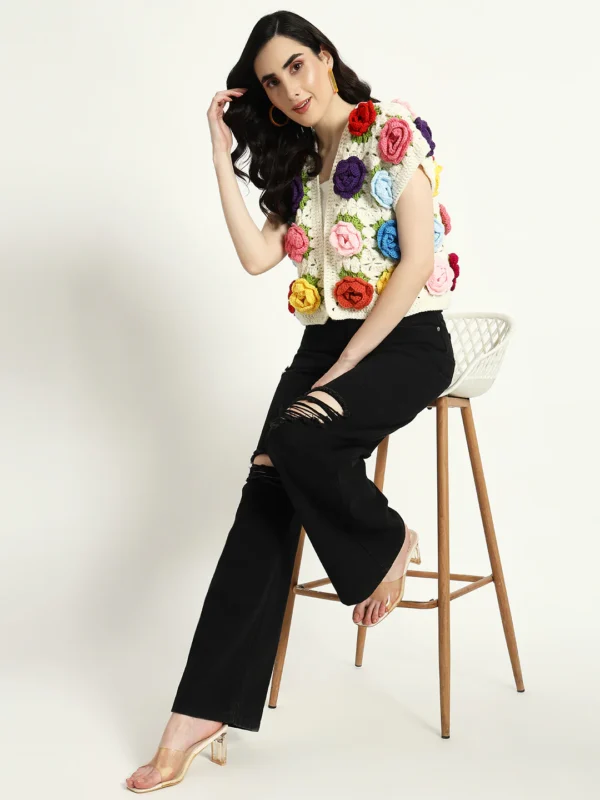 Handmade Multi-Rose Crochet Half Sleeves Sweater - Image 3