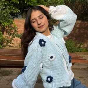 C-Handmade Daisy Cardigan in Pastel Blue & White