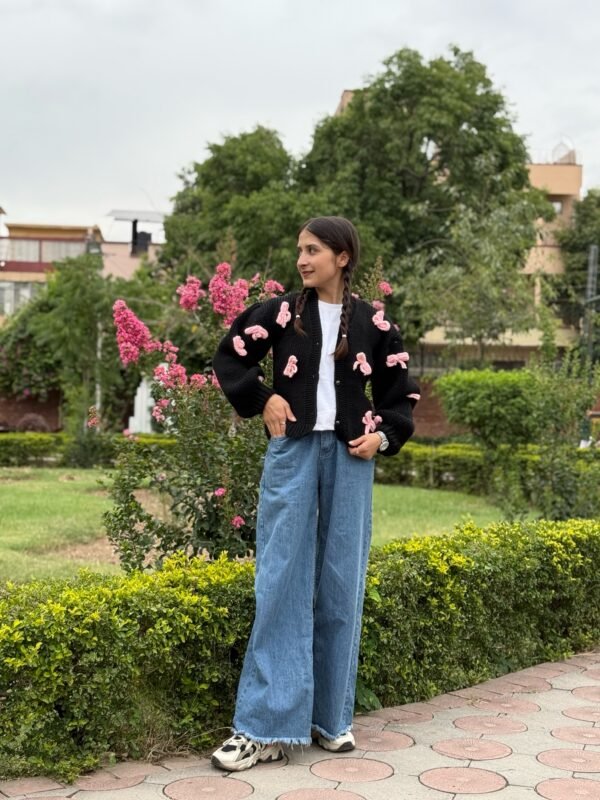 Black Knitting Cardigan with Pink Bows - Image 3