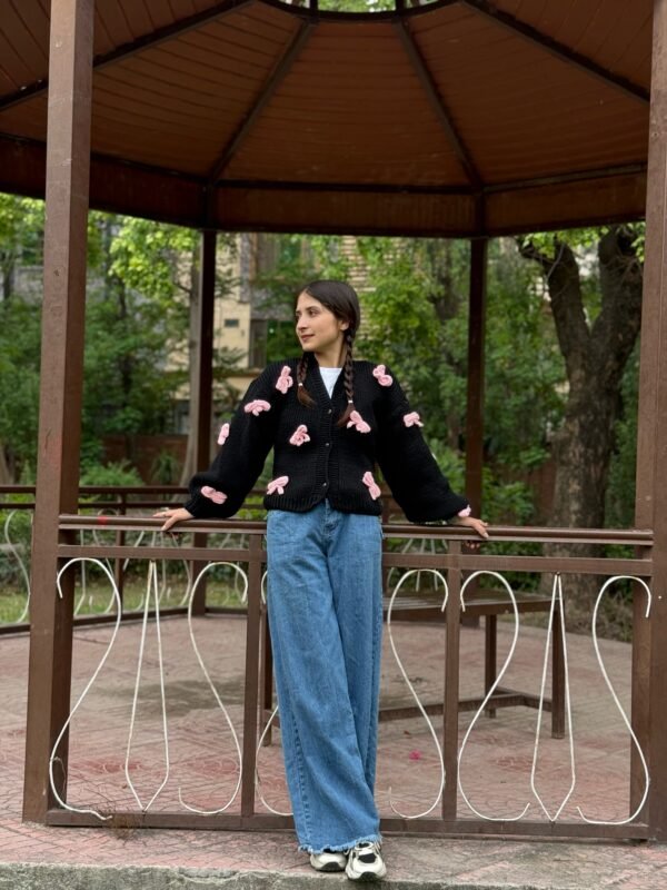 Black Knitting Cardigan with Pink Bows - Image 6