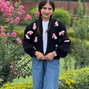 Black Knitting Cardigan with Pink Bows