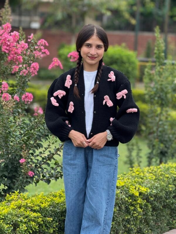 Black Knitting Cardigan with Pink Bows