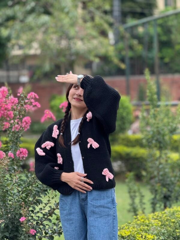 Black Knitting Cardigan with Pink Bows - Image 2