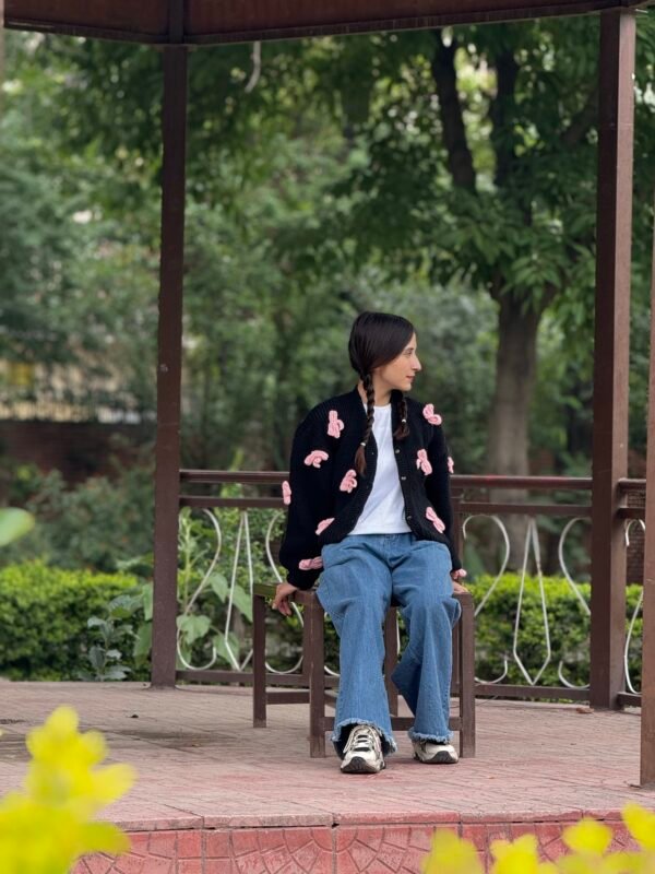 Black Knitting Cardigan with Pink Bows - Image 5