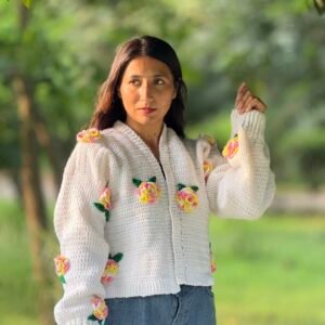 Multi color Rose cardigan  in White