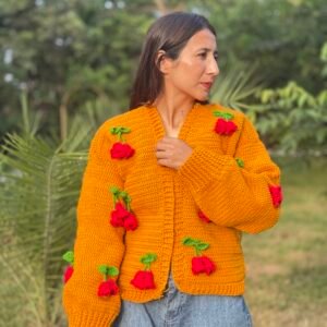 Handmade strawberry cardigan in Mustered