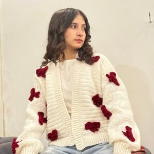 White cardigan maroon Bow
