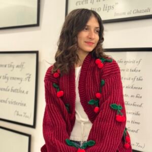 Maroon cardigan with cherry