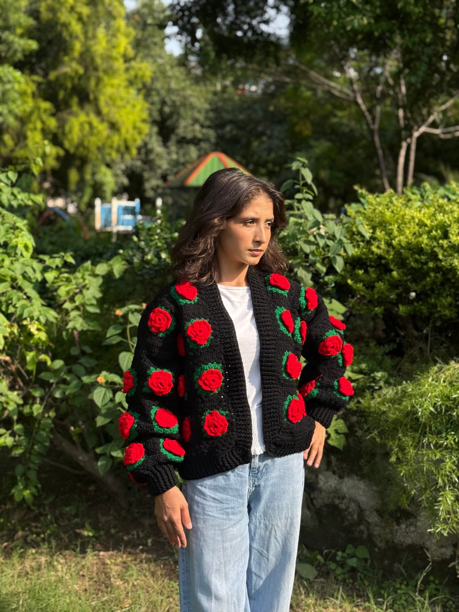 A-Red Rose cardigan in black - Image 4