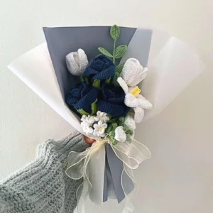 Handmade Crochet Flower Bouquet – White & Navy Blue Roses