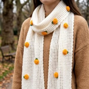 Handmade Crochet Rose Scarf Women Boho Knit Muffler Floral Winter Wrap Gift